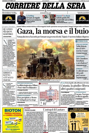 Fotorassegna stampa, le prime pagine dei quotidiani di giovedì 12 ottobre  --- (Fonte immagine: https://www.rainews.it/cropgd/305x453/dl/img/2023/10/12/1697081746896_corrieredellasera.png)