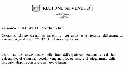 Coronavirus, scarica l'Ordinanza della Regione Veneto del 12 novembre 2020