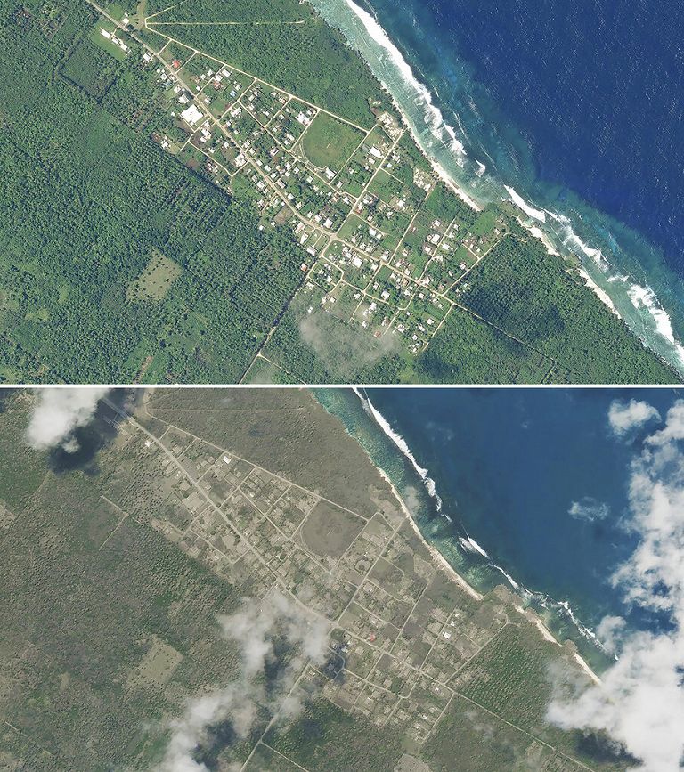 Niutoua, un villaggio a Tongatapu (Tonga). Prima e dopo l'eruzione e lo tsunami (In alto uno scatto del 9 gennaio, in basso del 17 - Planet Labs PBC)