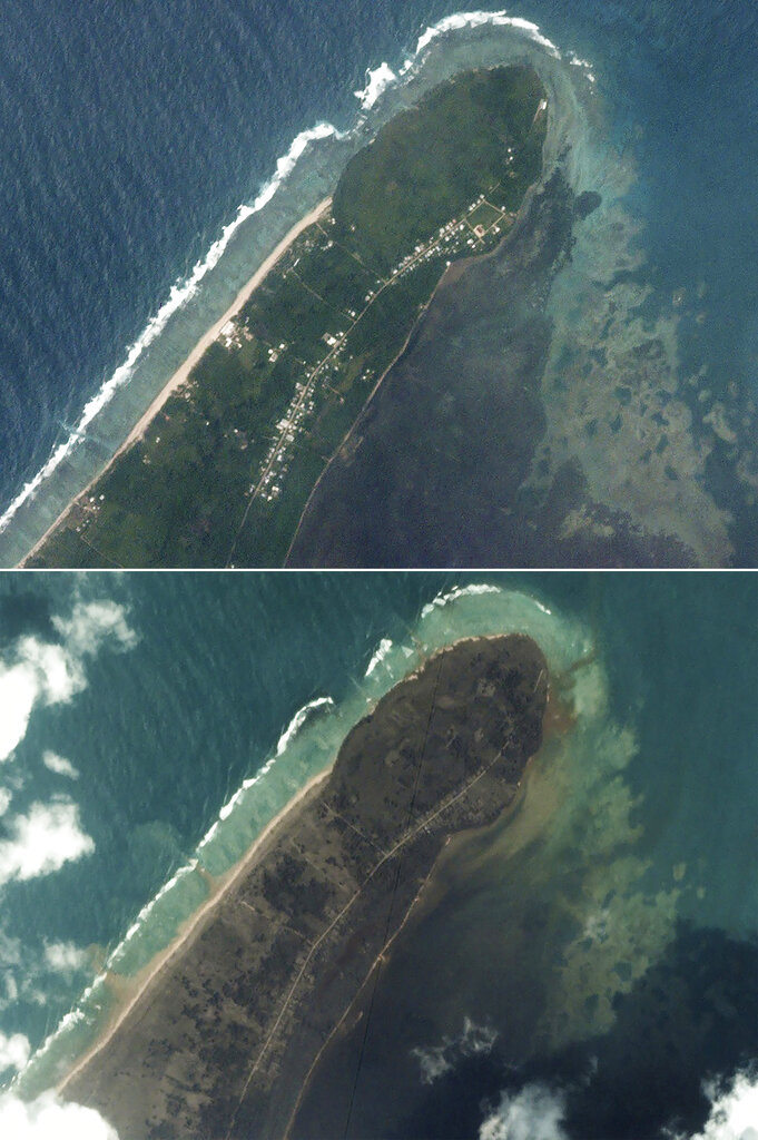 La foto satellitare di Kanokupolu, Tongatapu (In alto uno scatto del 14 gennaio, in basso del 16 - Planet Labs PBC)