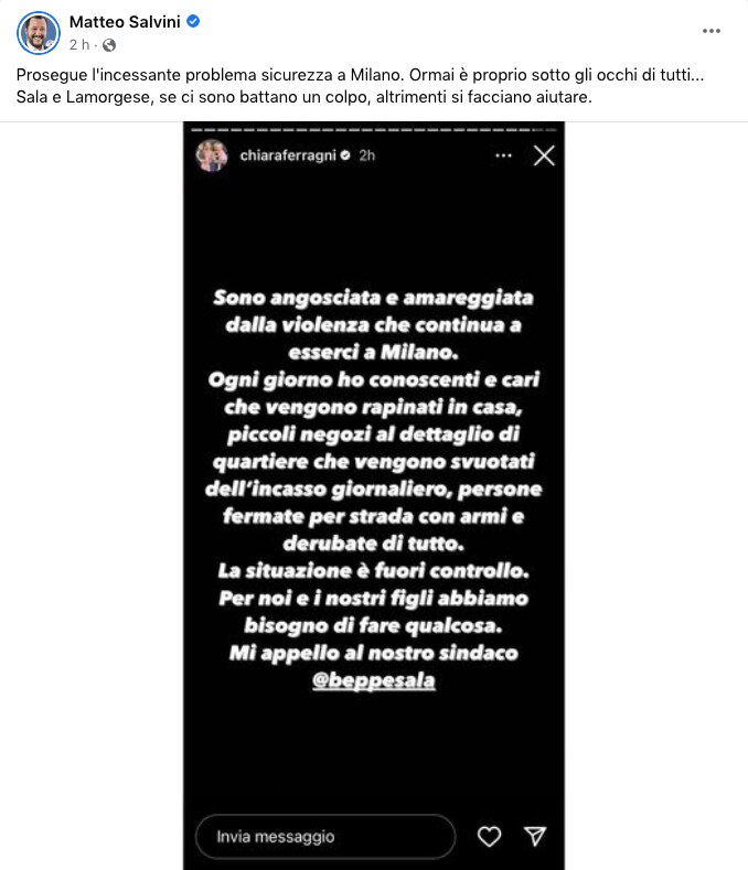 Salvini su appello di Chiara Ferragni a Beppe Sala