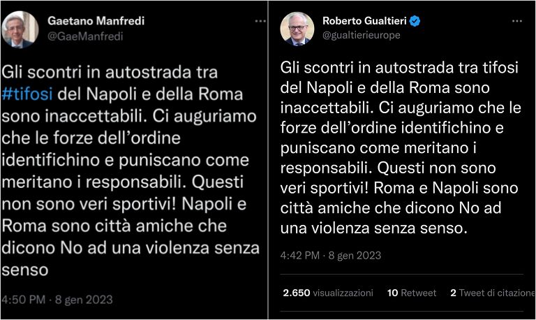 Doppio tweet del sindaco di Napoli e di Roma