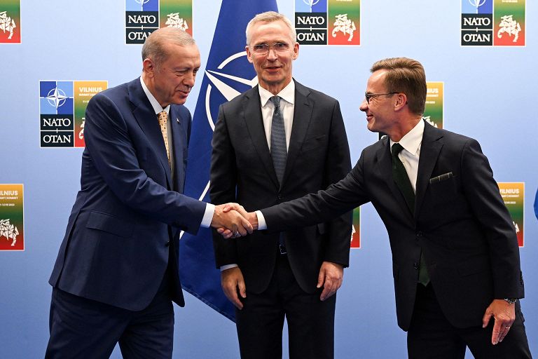 The NATO Secretary General at the end of the trilateral meeting with the heads of state and government of Sweden and Turkey in Vilnius